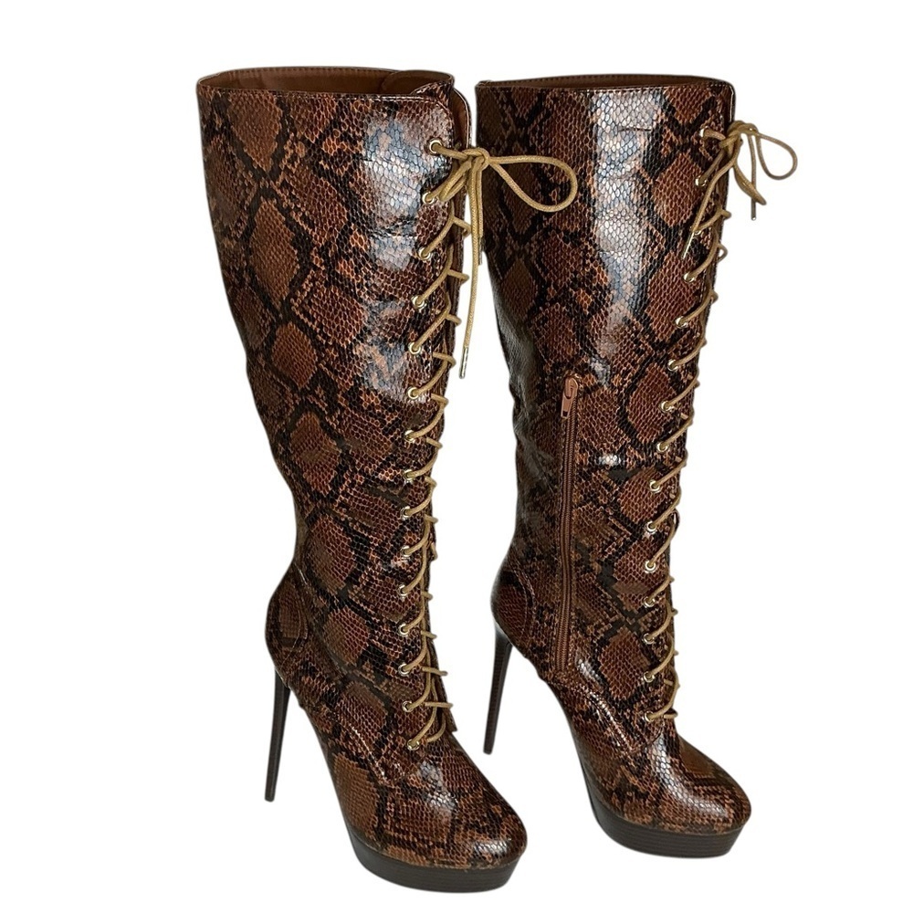 Noela Brown Snakeskin Lace Up Knee High Platform Stiletto Boots Zip Side 7.50